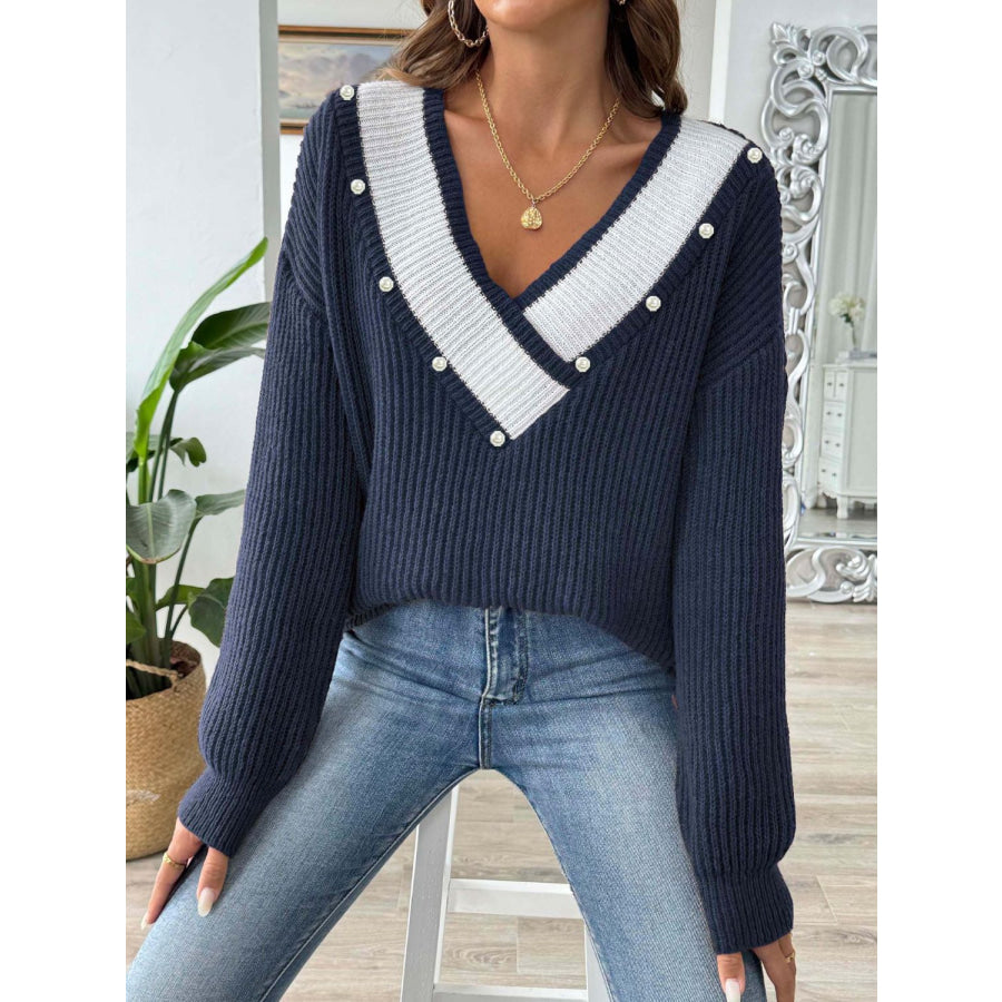 Contrast Trim Dropped Shoulder Long Sleeve Sweater Dark Blue / One Size Apparel and Accessories