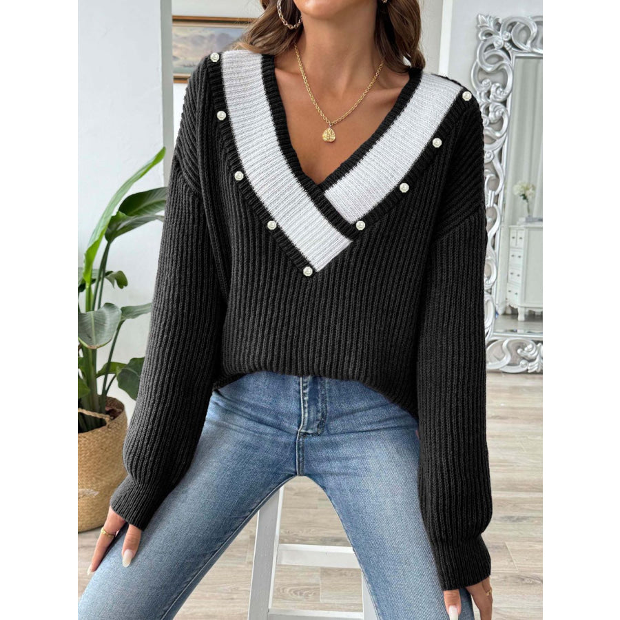 Contrast Trim Dropped Shoulder Long Sleeve Sweater Apparel and Accessories