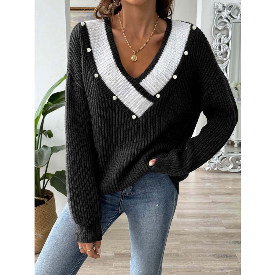 Contrast Trim Dropped Shoulder Long Sleeve Sweater Black / One Size Apparel and Accessories