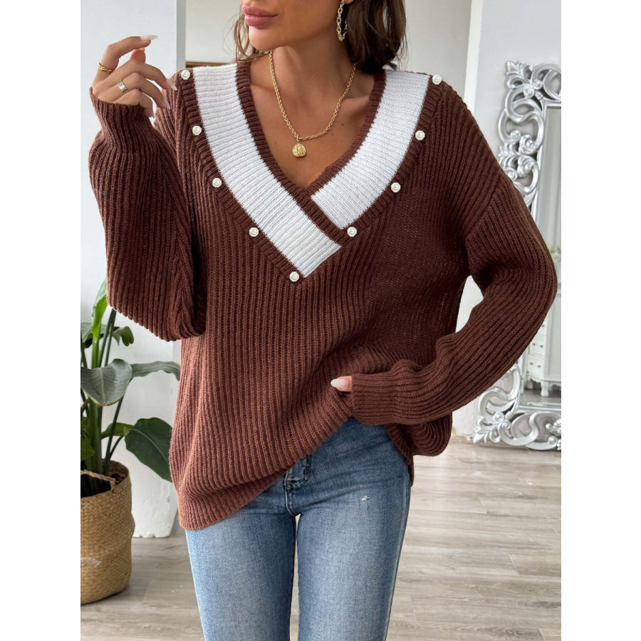 Contrast Trim Dropped Shoulder Long Sleeve Sweater Caramel / One Size Apparel and Accessories