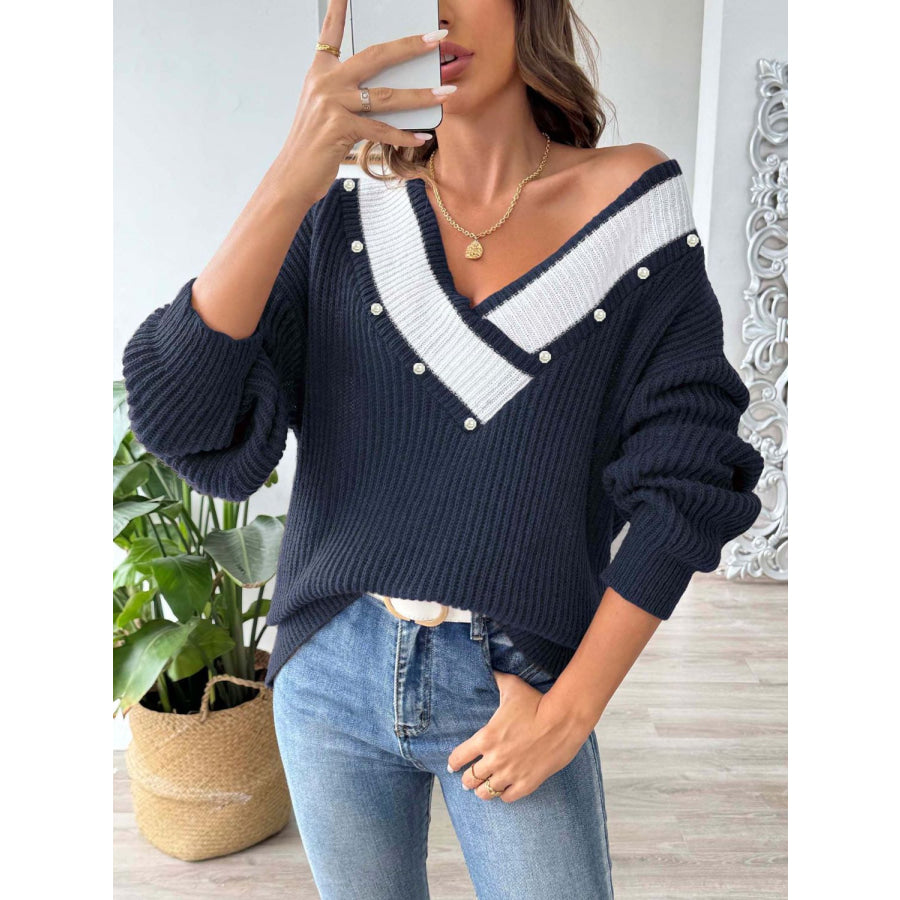 Contrast Trim Dropped Shoulder Long Sleeve Sweater Dark Blue / One Size Apparel and Accessories