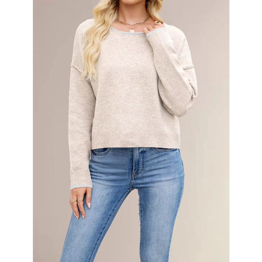 Contrast Trim Dropped Shoulder Sweater Apricot / S Apparel and Accessories