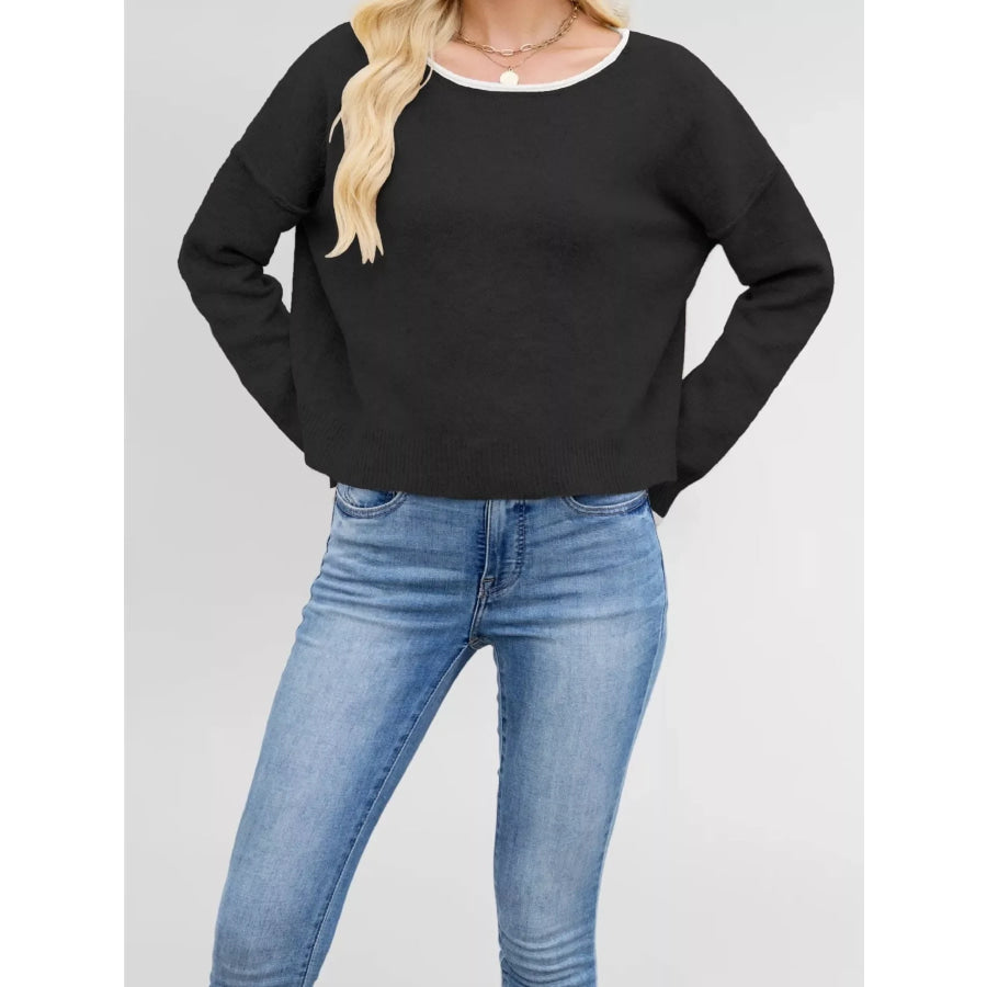 Contrast Trim Dropped Shoulder Sweater Black / S Apparel and Accessories