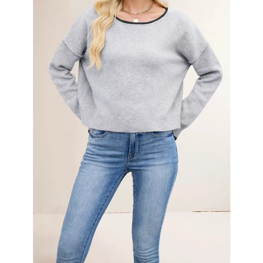 Contrast Trim Dropped Shoulder Sweater Grey / S Apparel and Accessories