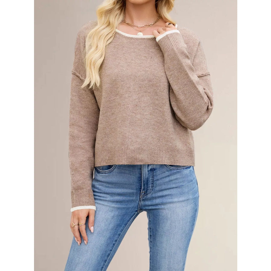 Contrast Trim Dropped Shoulder Sweater Khaki / S Apparel and Accessories
