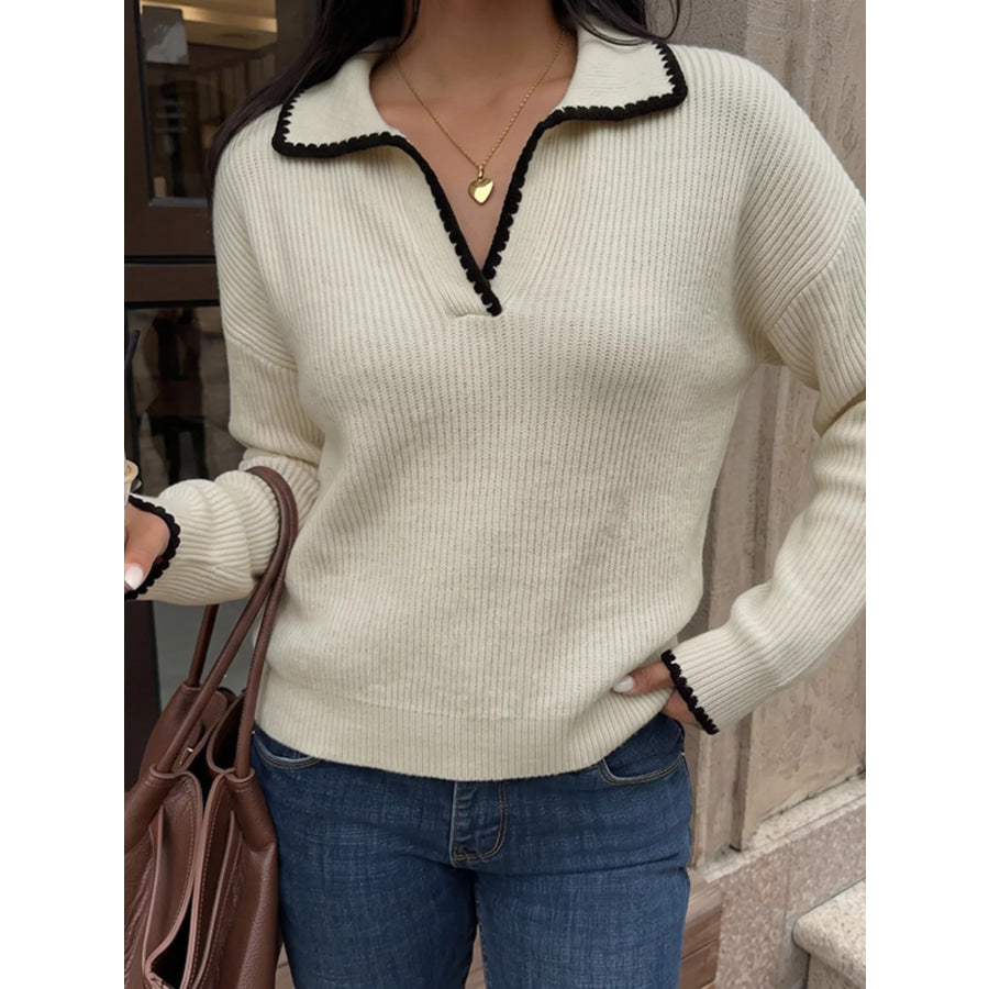 Contrast Trim Dropped Shoulder Sweater Khaki / S Apparel and Accessories