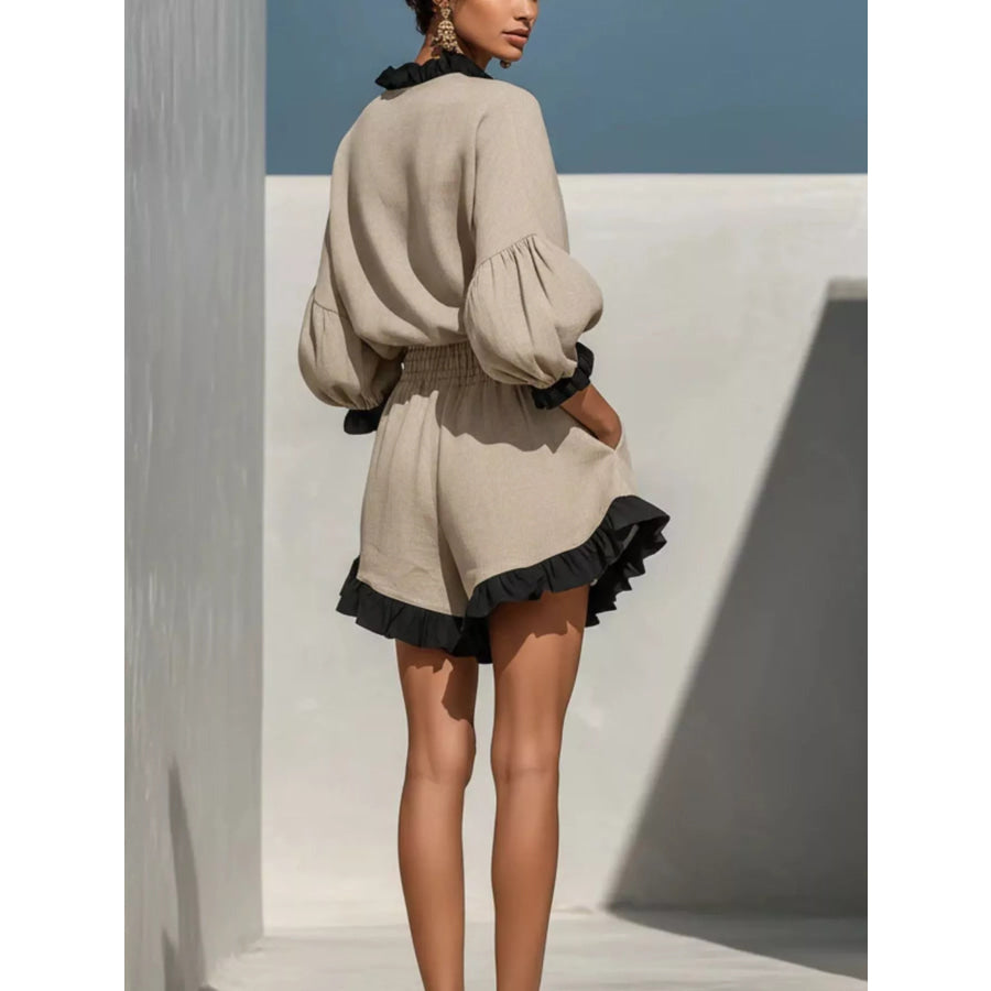 Contrast Trim Dropped Shoulder Top and Shorts Set Beige / S Apparel and Accessories