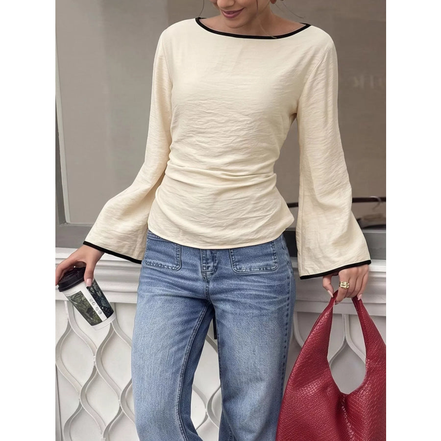 Contrast Trim Flare Sleeve Blouse Apparel and Accessories