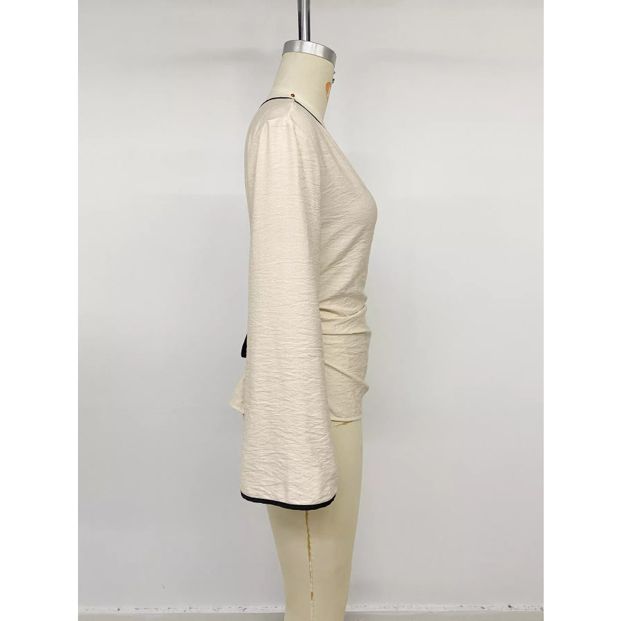 Contrast Trim Flare Sleeve Blouse Apparel and Accessories