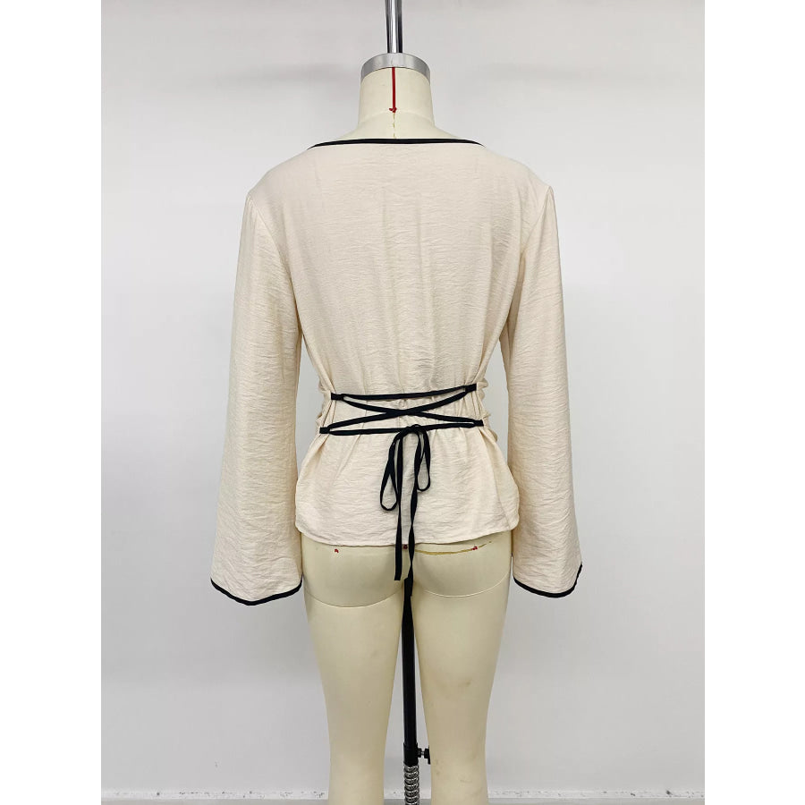 Contrast Trim Flare Sleeve Blouse Apparel and Accessories