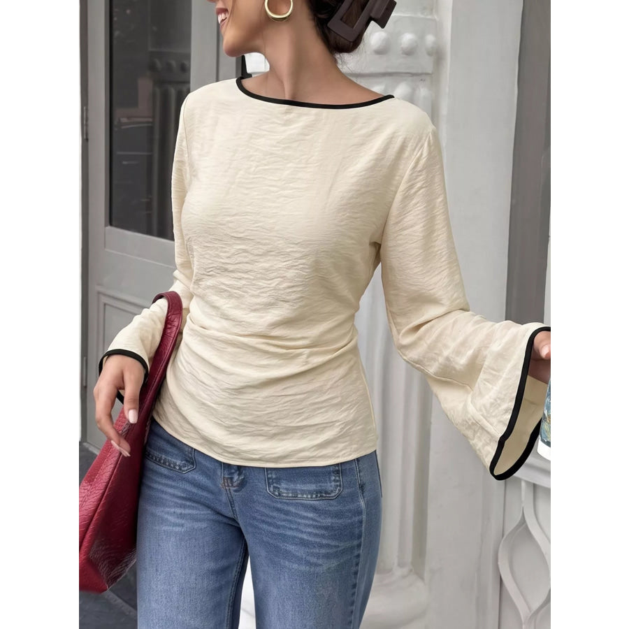 Contrast Trim Flare Sleeve Blouse Apparel and Accessories