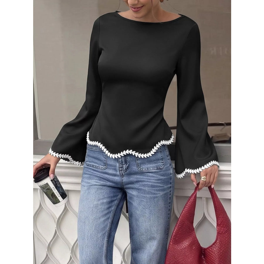 Contrast Trim Flare Sleeve Blouse Apparel and Accessories