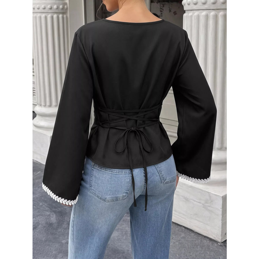 Contrast Trim Flare Sleeve Blouse Apparel and Accessories
