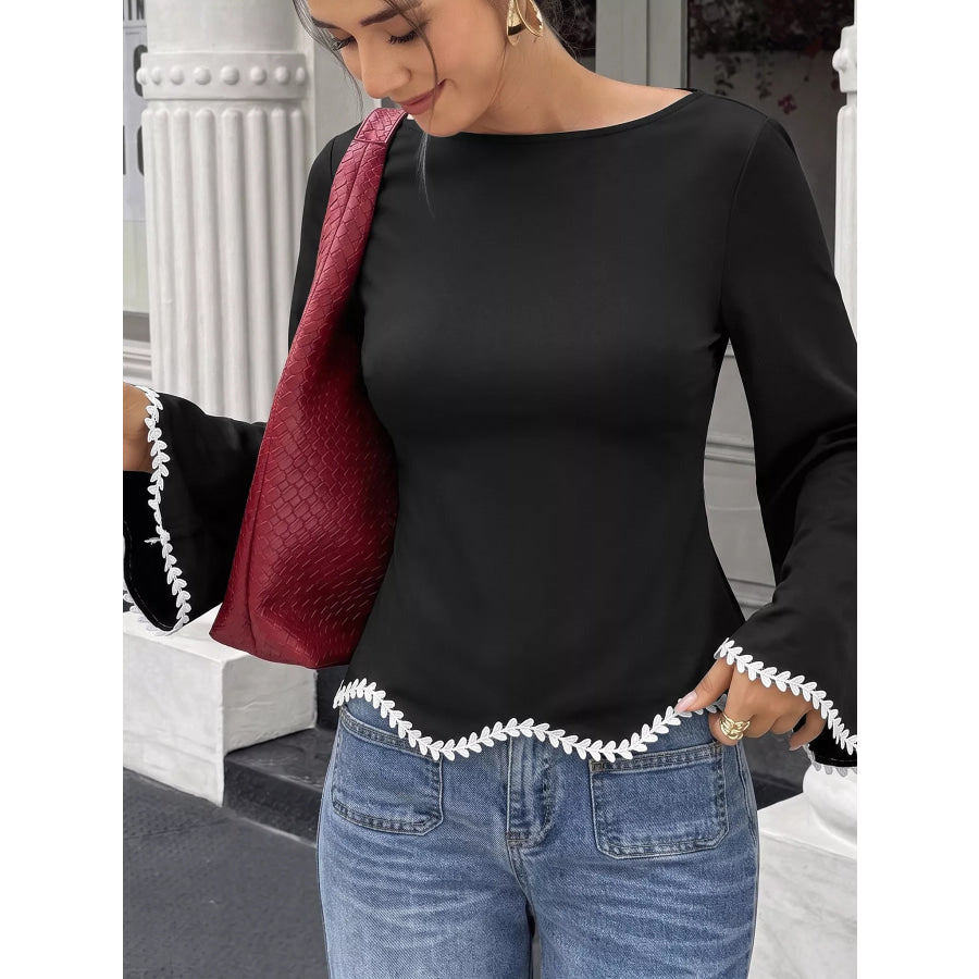 Contrast Trim Flare Sleeve Blouse Apparel and Accessories