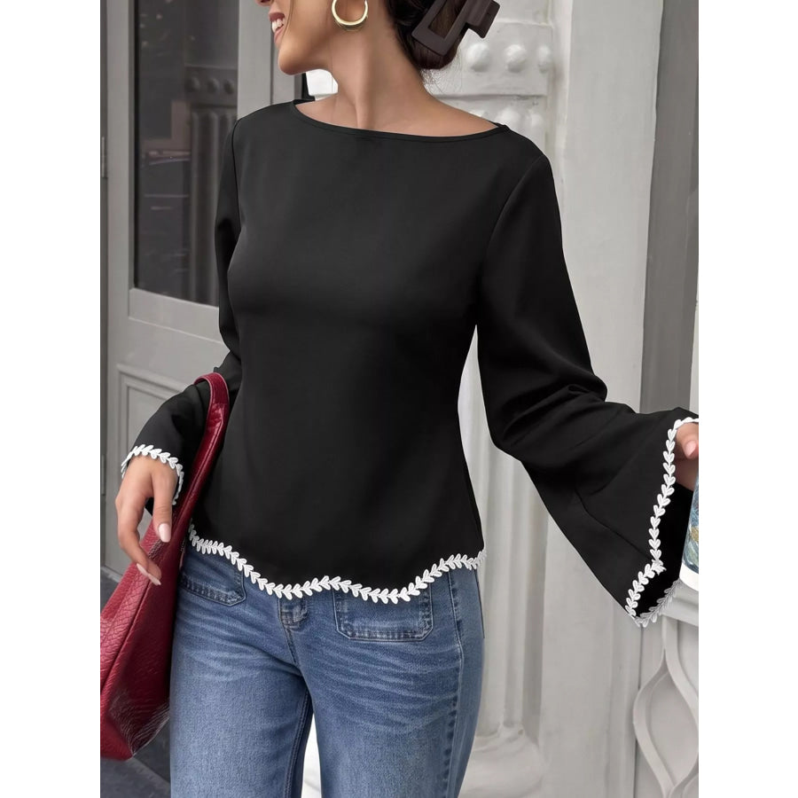 Contrast Trim Flare Sleeve Blouse Apparel and Accessories