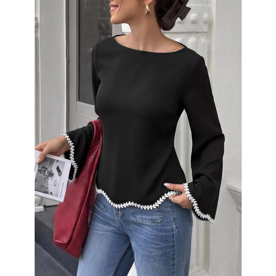Contrast Trim Flare Sleeve Blouse Apparel and Accessories