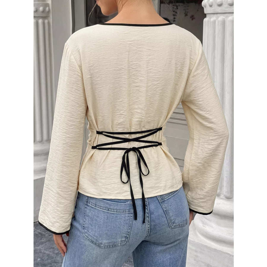 Contrast Trim Flare Sleeve Blouse Apparel and Accessories