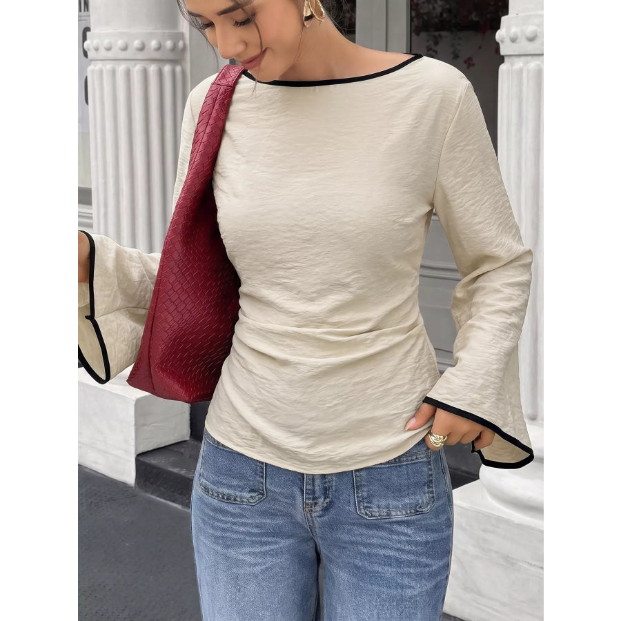 Contrast Trim Flare Sleeve Blouse Apparel and Accessories