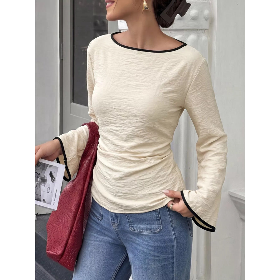 Contrast Trim Flare Sleeve Blouse Beige / S Apparel and Accessories