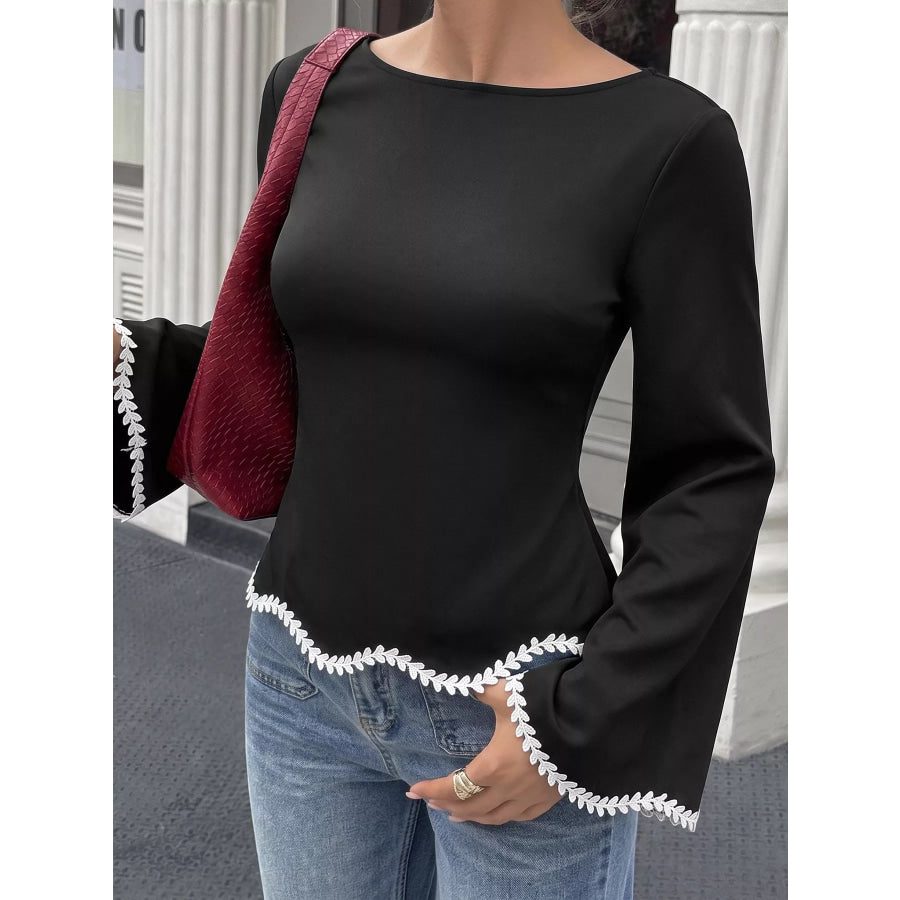Contrast Trim Flare Sleeve Blouse Black / S Apparel and Accessories