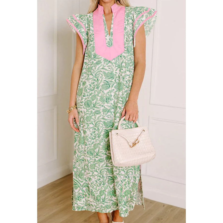Contrast Trim Flutter Sleeve Floral Midi Dress Apparel and Accessories