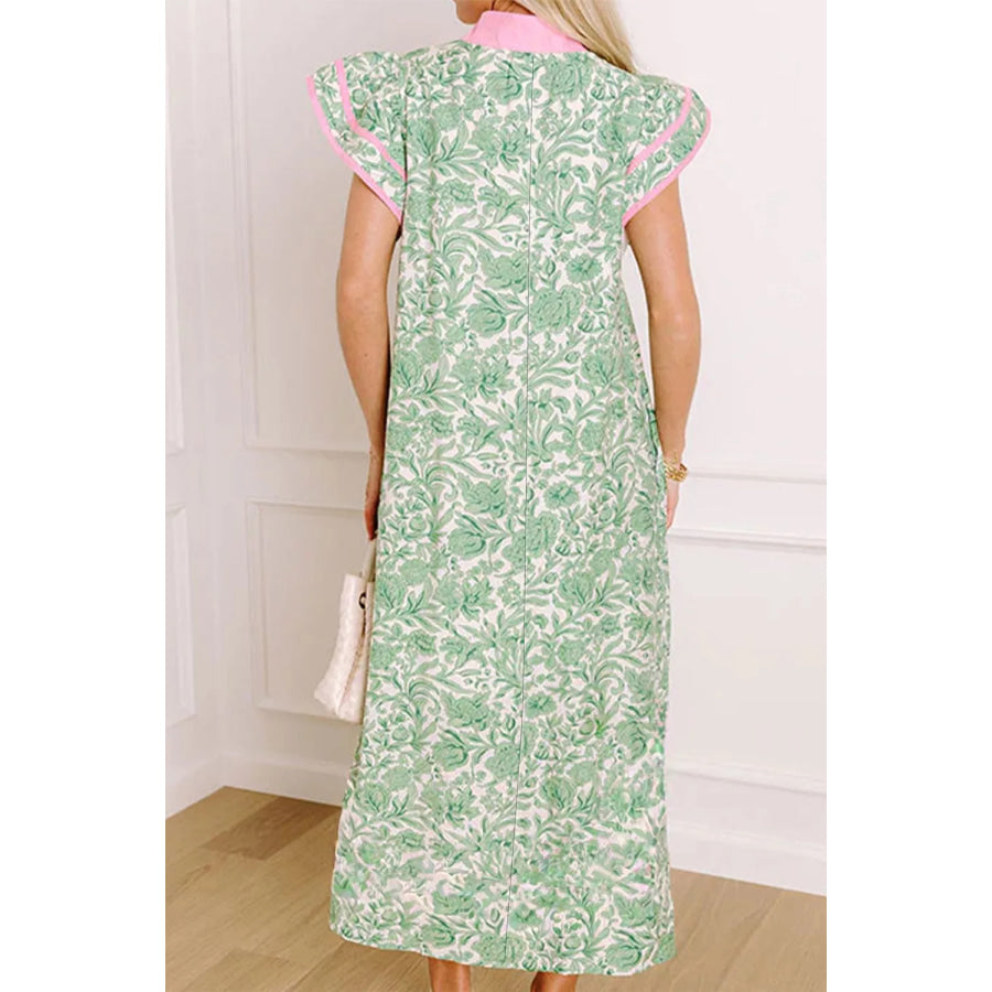 Contrast Trim Flutter Sleeve Floral Midi Dress Apparel and Accessories
