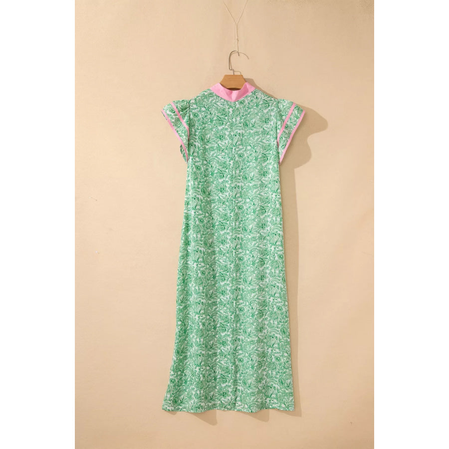 Contrast Trim Flutter Sleeve Floral Midi Dress Apparel and Accessories