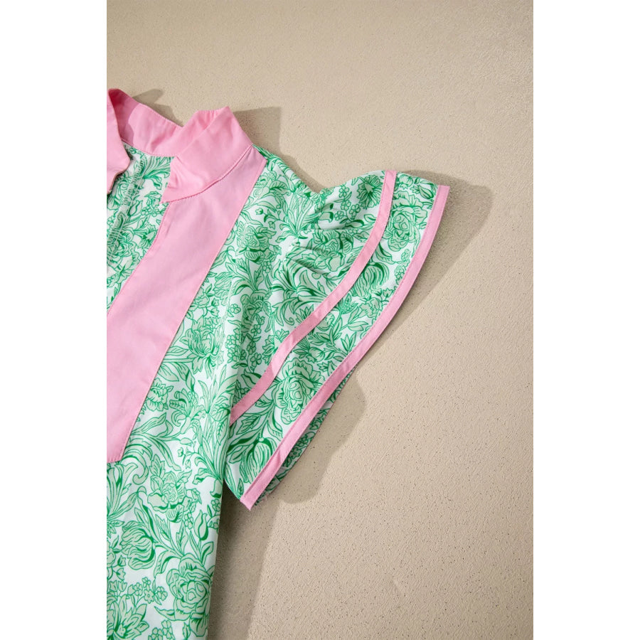 Contrast Trim Flutter Sleeve Floral Midi Dress Apparel and Accessories