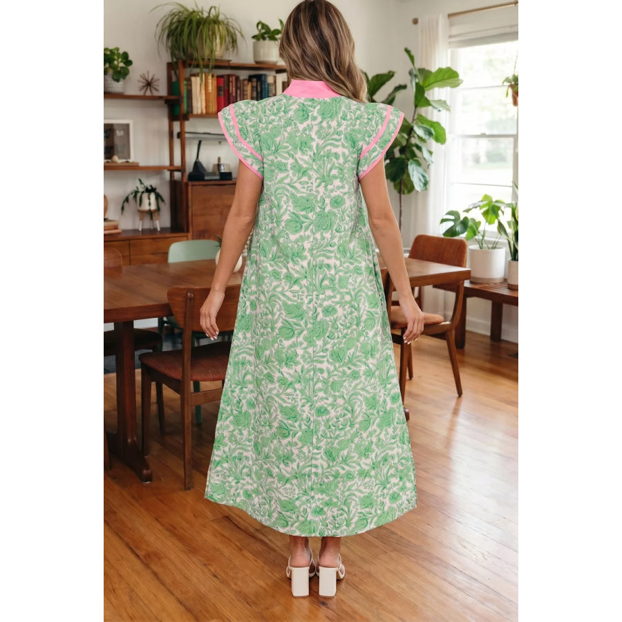 Contrast Trim Flutter Sleeve Floral Midi Dress Apparel and Accessories