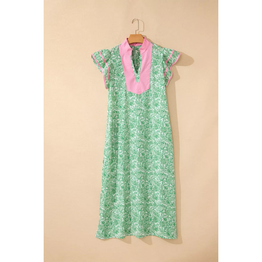Contrast Trim Flutter Sleeve Floral Midi Dress Apparel and Accessories