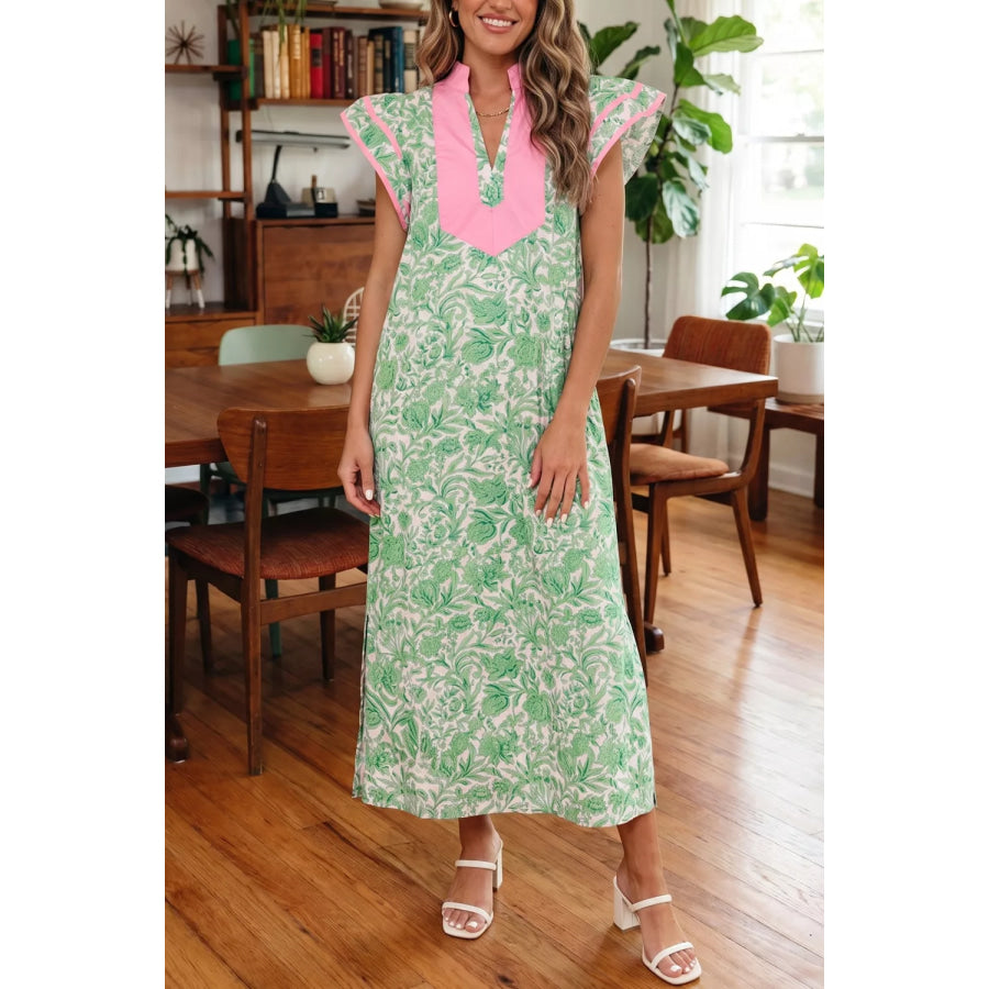Contrast Trim Flutter Sleeve Floral Midi Dress Gum Leaf / S Apparel and Accessories