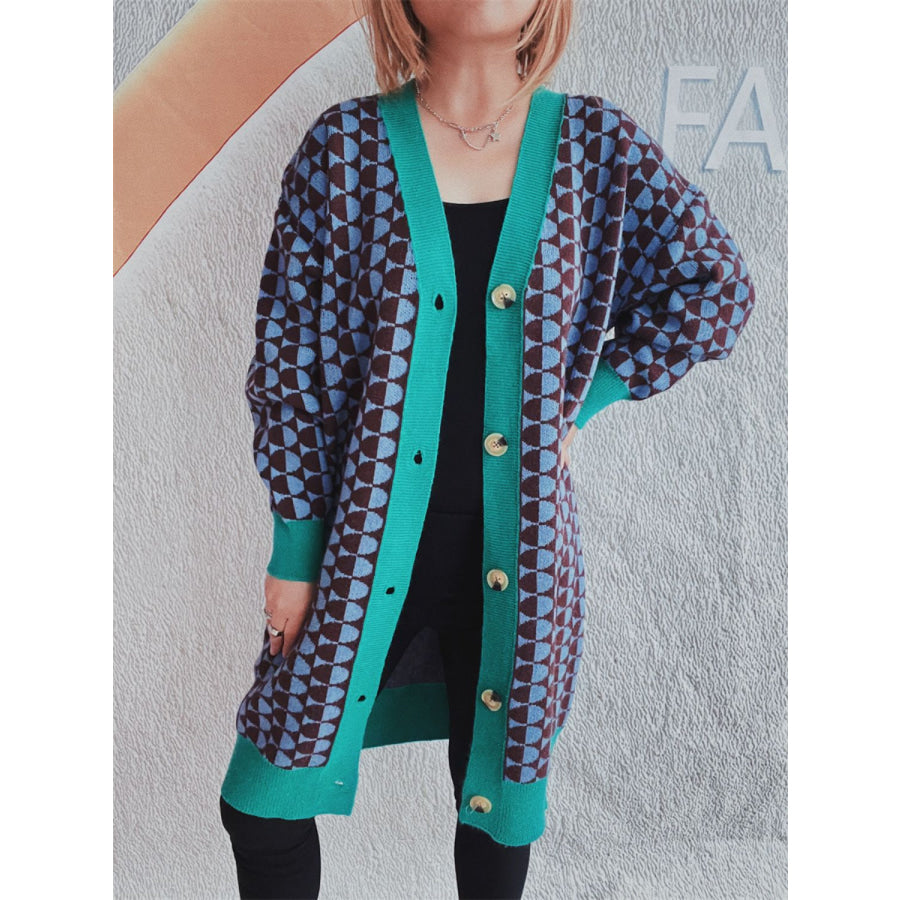 Contrast Trim Geometric Button Down Cardigan Apparel and Accessories