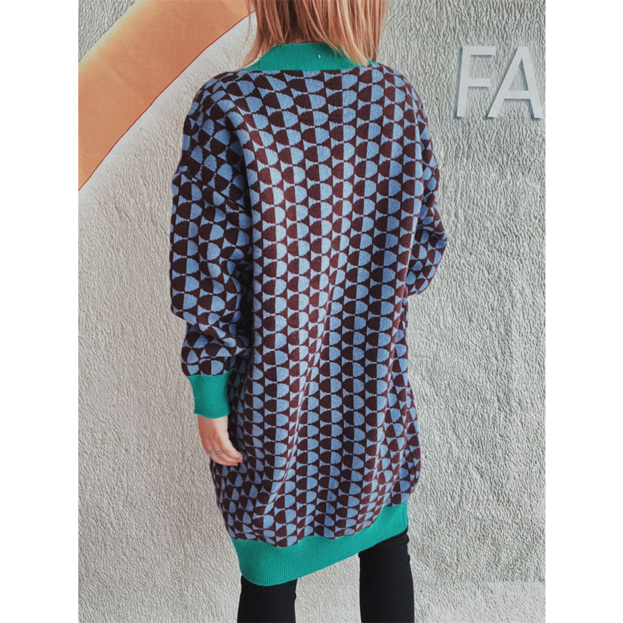 Contrast Trim Geometric Button Down Cardigan Turquoise / One Size Apparel and Accessories