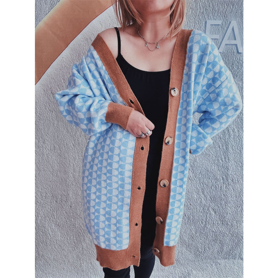 Contrast Trim Geometric Button Down Cardigan Apparel and Accessories