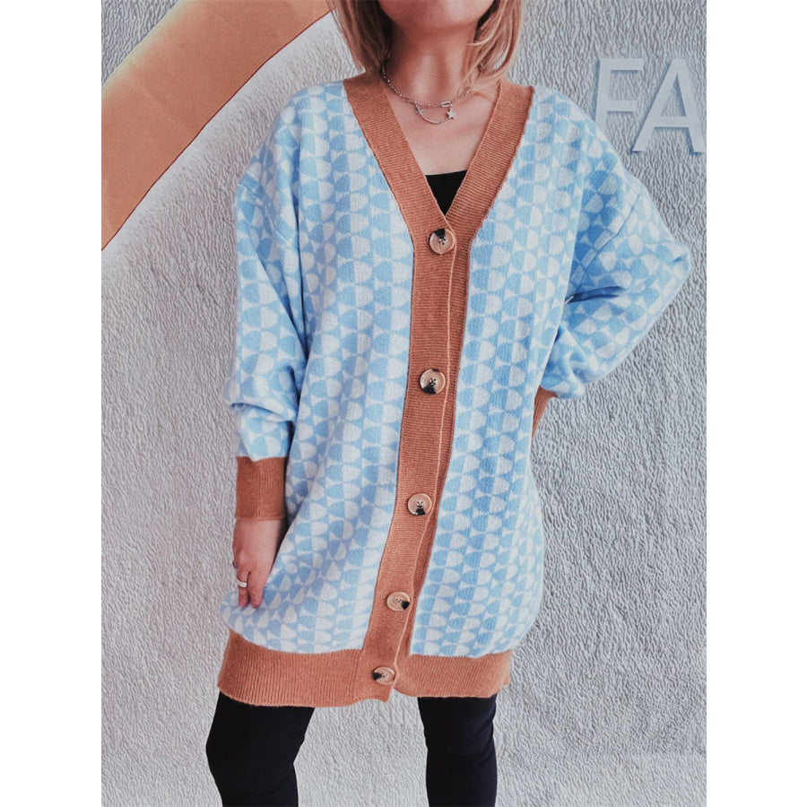 Contrast Trim Geometric Button Down Cardigan Ochre / One Size Apparel and Accessories