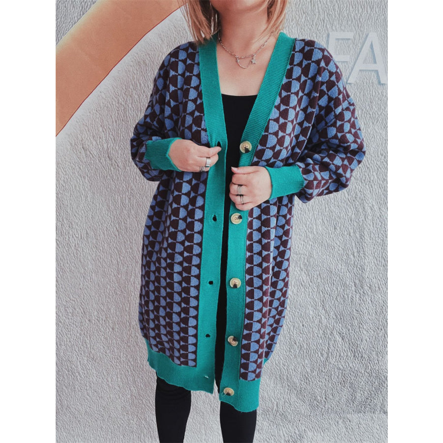 Contrast Trim Geometric Button Down Cardigan Turquoise / One Size Apparel and Accessories