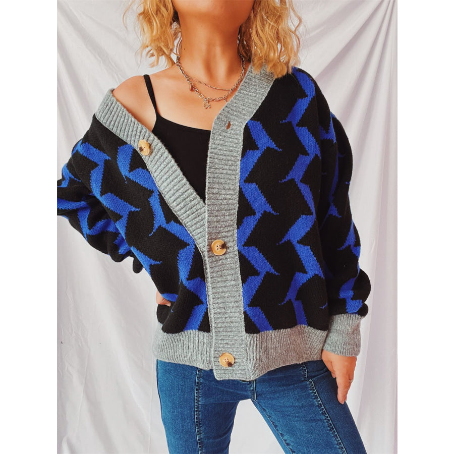 Contrast Trim Geometric V-Neck Long Sleeve Cardigan Apparel and Accessories