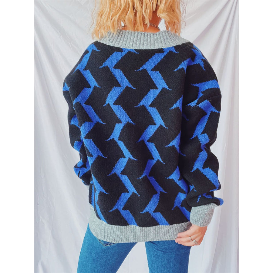 Contrast Trim Geometric V-Neck Long Sleeve Cardigan Royal Blue / One Size Apparel and Accessories