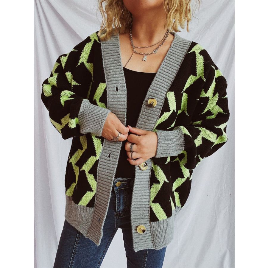 Contrast Trim Geometric V-Neck Long Sleeve Cardigan Apparel and Accessories