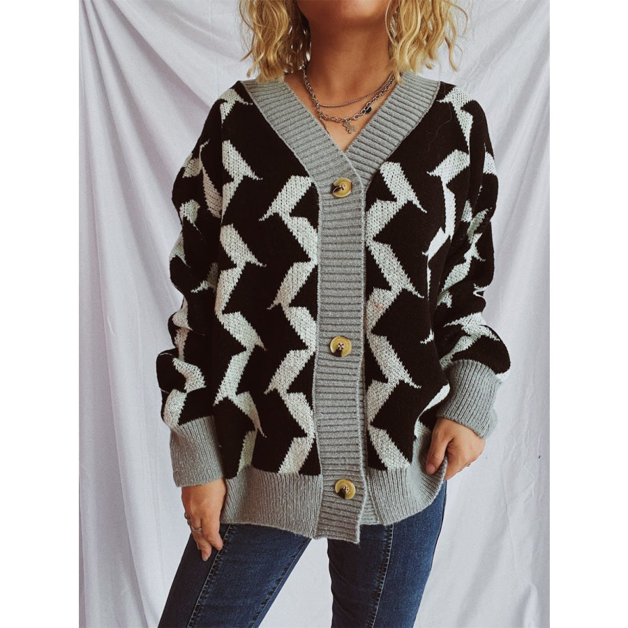 Contrast Trim Geometric V-Neck Long Sleeve Cardigan Apparel and Accessories