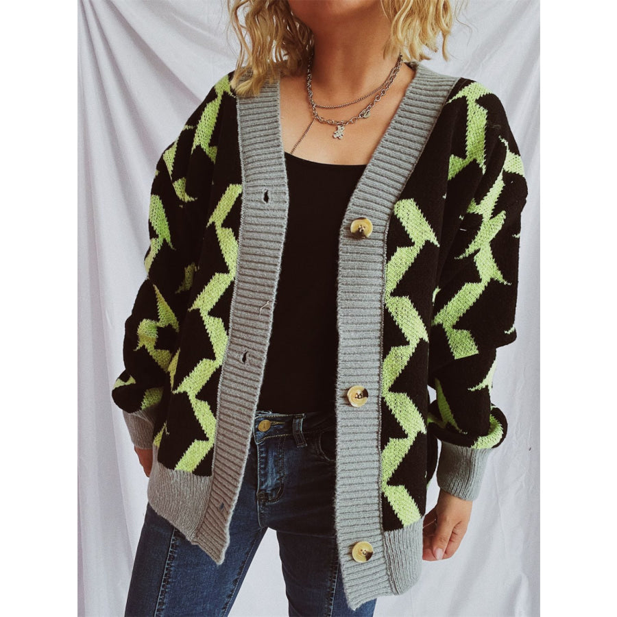 Contrast Trim Geometric V-Neck Long Sleeve Cardigan Apparel and Accessories