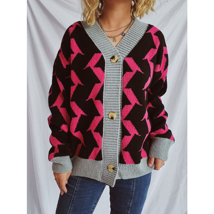 Contrast Trim Geometric V-Neck Long Sleeve Cardigan Apparel and Accessories