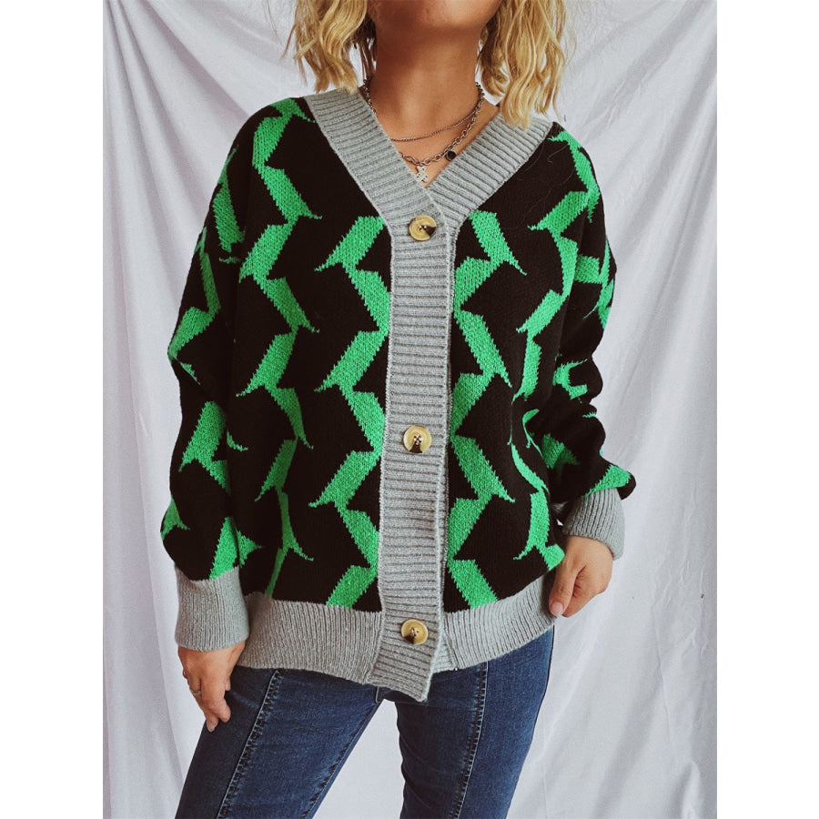 Contrast Trim Geometric V-Neck Long Sleeve Cardigan Apparel and Accessories