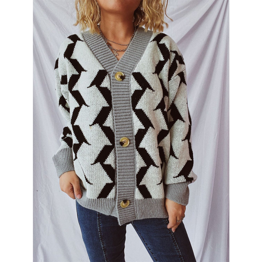 Contrast Trim Geometric V-Neck Long Sleeve Cardigan Apparel and Accessories