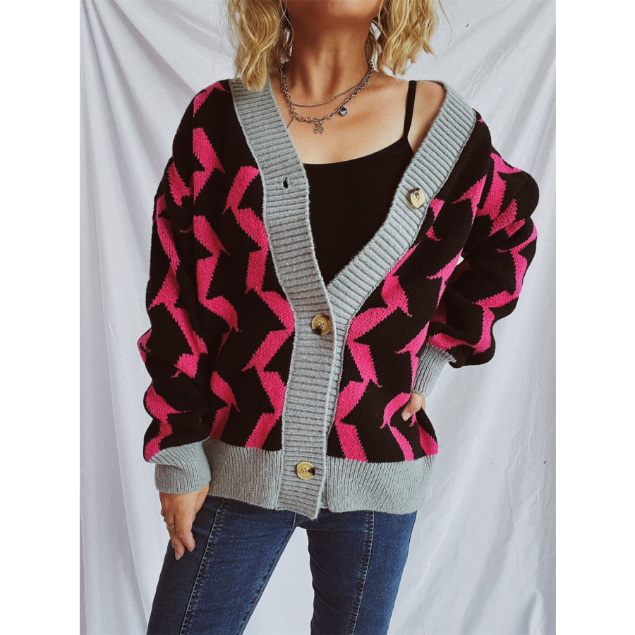 Contrast Trim Geometric V-Neck Long Sleeve Cardigan Apparel and Accessories