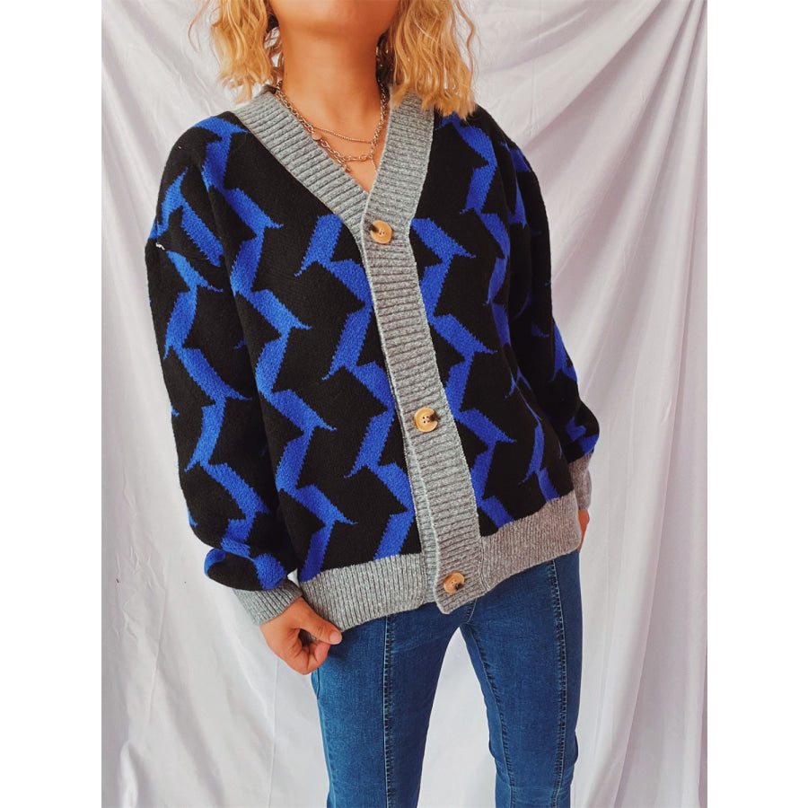 Contrast Trim Geometric V-Neck Long Sleeve Cardigan Apparel and Accessories