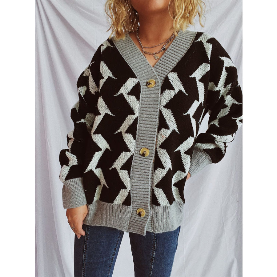 Contrast Trim Geometric V-Neck Long Sleeve Cardigan Apparel and Accessories