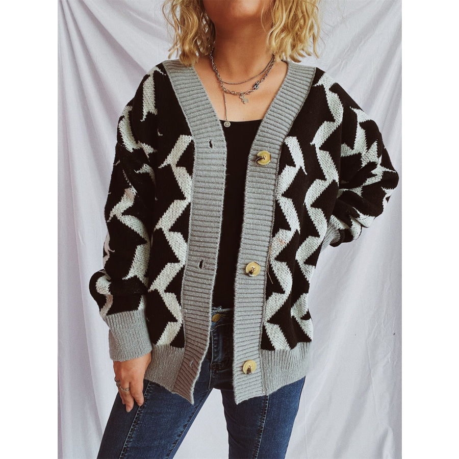 Contrast Trim Geometric V-Neck Long Sleeve Cardigan Black / One Size Apparel and Accessories