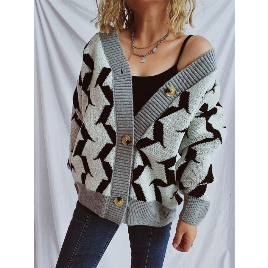 Contrast Trim Geometric V-Neck Long Sleeve Cardigan Gray / One Size Apparel and Accessories