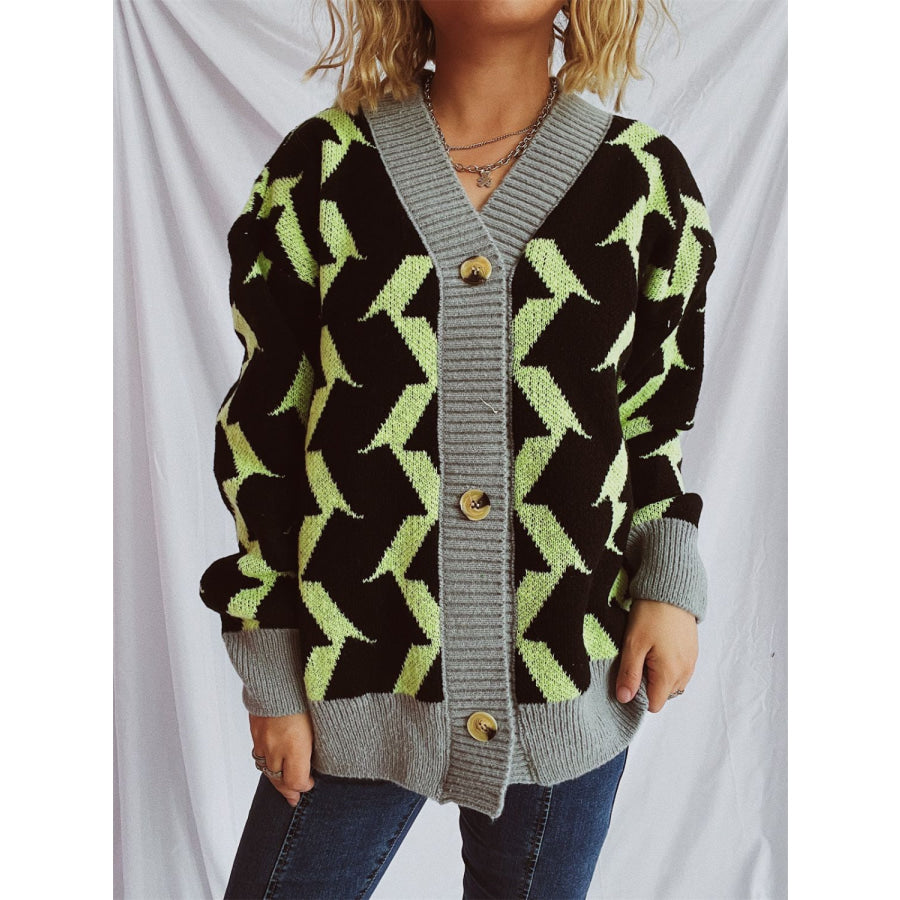 Contrast Trim Geometric V-Neck Long Sleeve Cardigan Green / One Size Apparel and Accessories